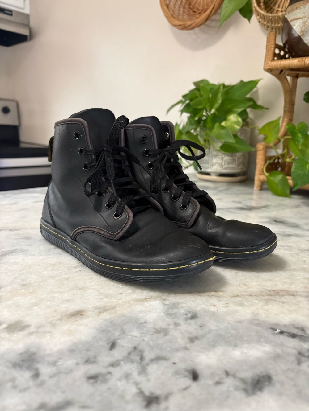 Dr. Martens Black Leather Lace-Up Ankle Boots with Yellow Stitching